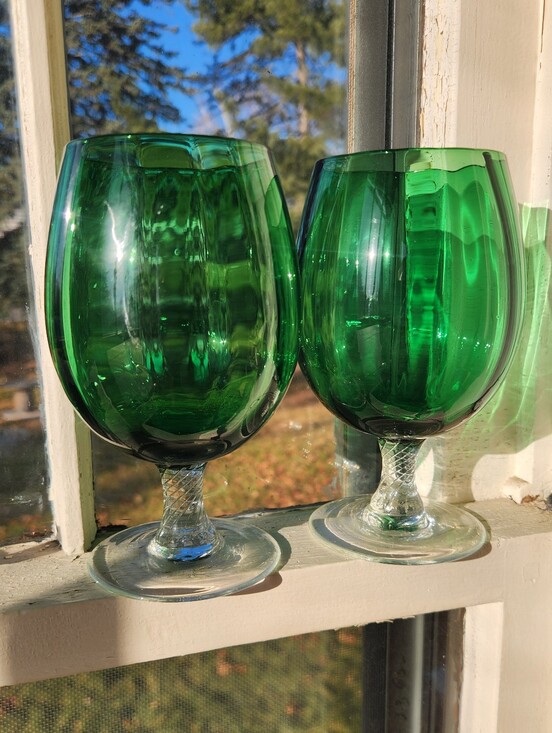 Empoli Other - Set of 2 Vintage Empoli MCM Emerald Green Optic Glass Brandy Snifter Italy Pair